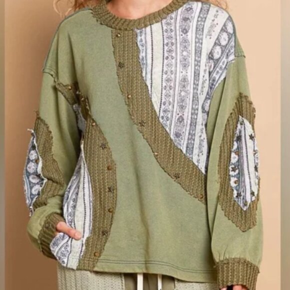 POL NWT Olive White Sweater Sweatshirt Tunic Star Studs Embelished Medium Large - Picture 3 of 13